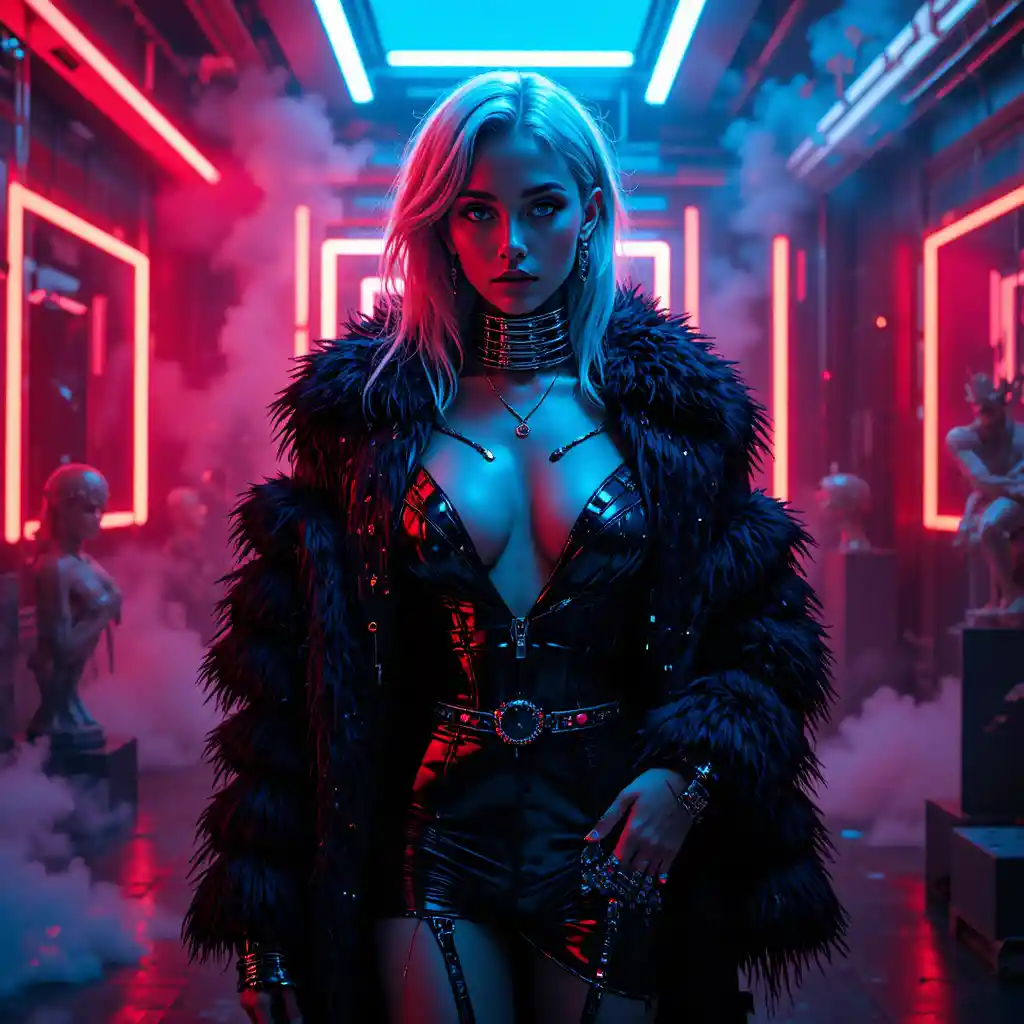 Cyberpunk fashion woman in neon lit photo studio