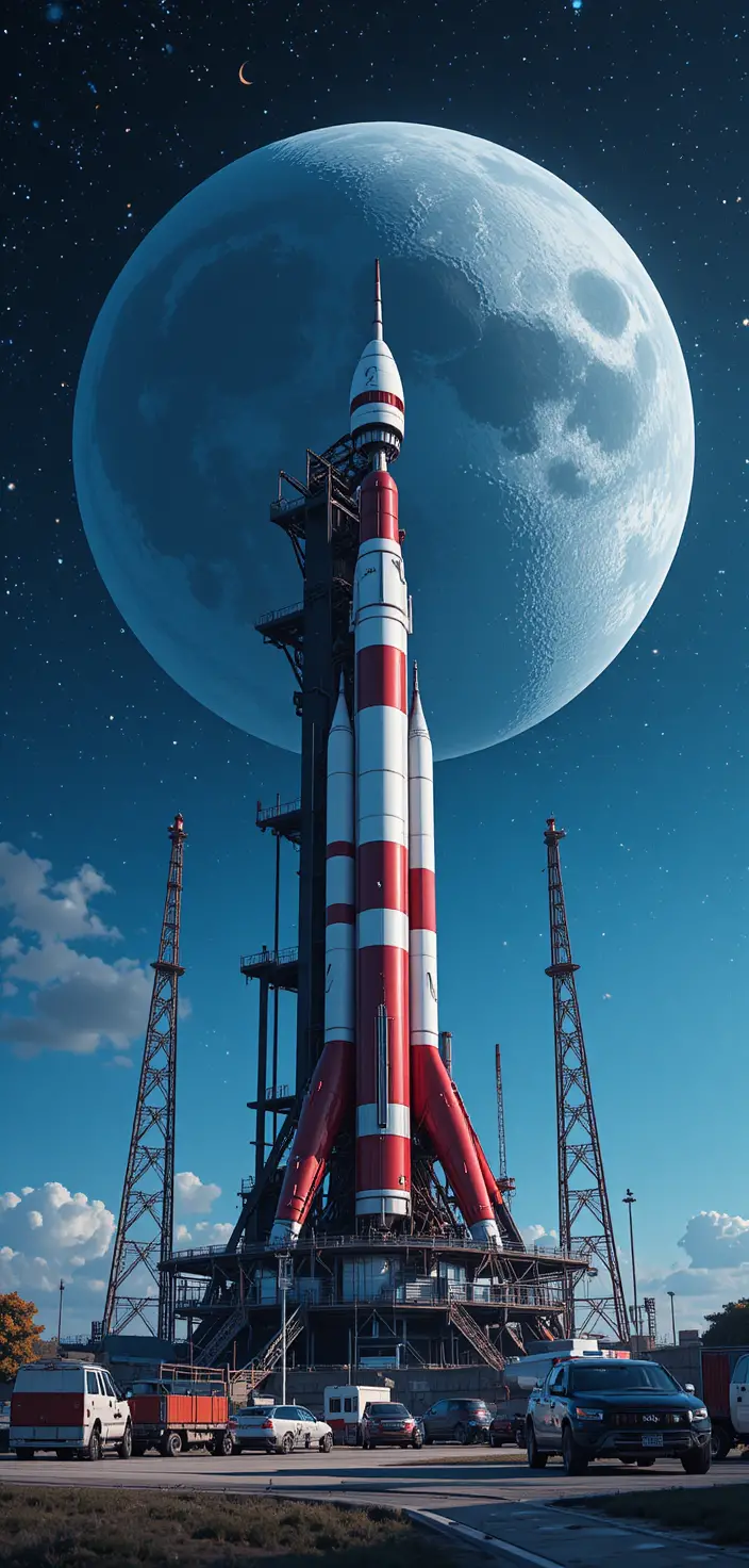 Futuristic rocket launchpad beneath a vast starry sky