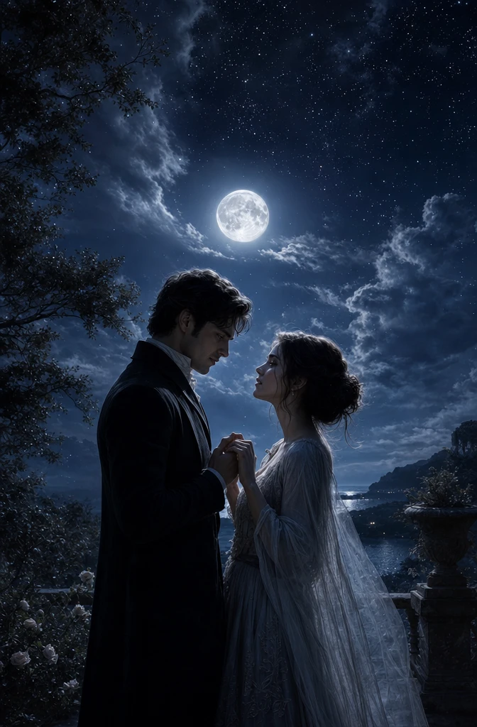 A couple holding hands under the soft silver sky