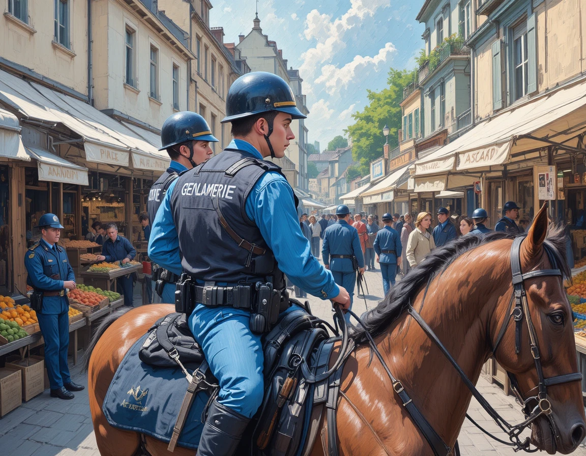 Mounted gendarmerie officers patrolling a busy outdoor market