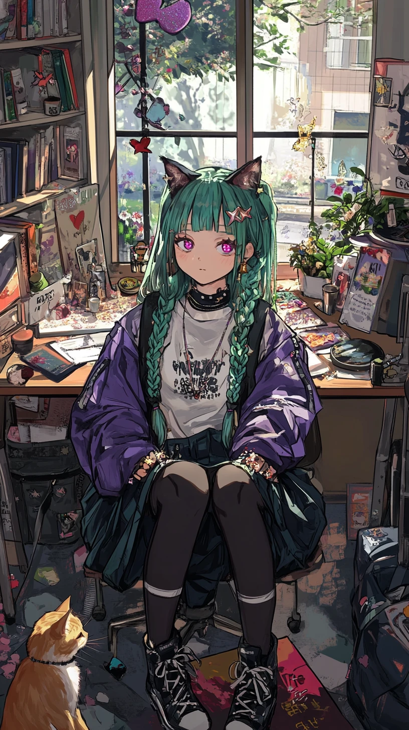 Anime-Mädchen in einem gemütlichen Arbeitszimmer mit Gartenblick