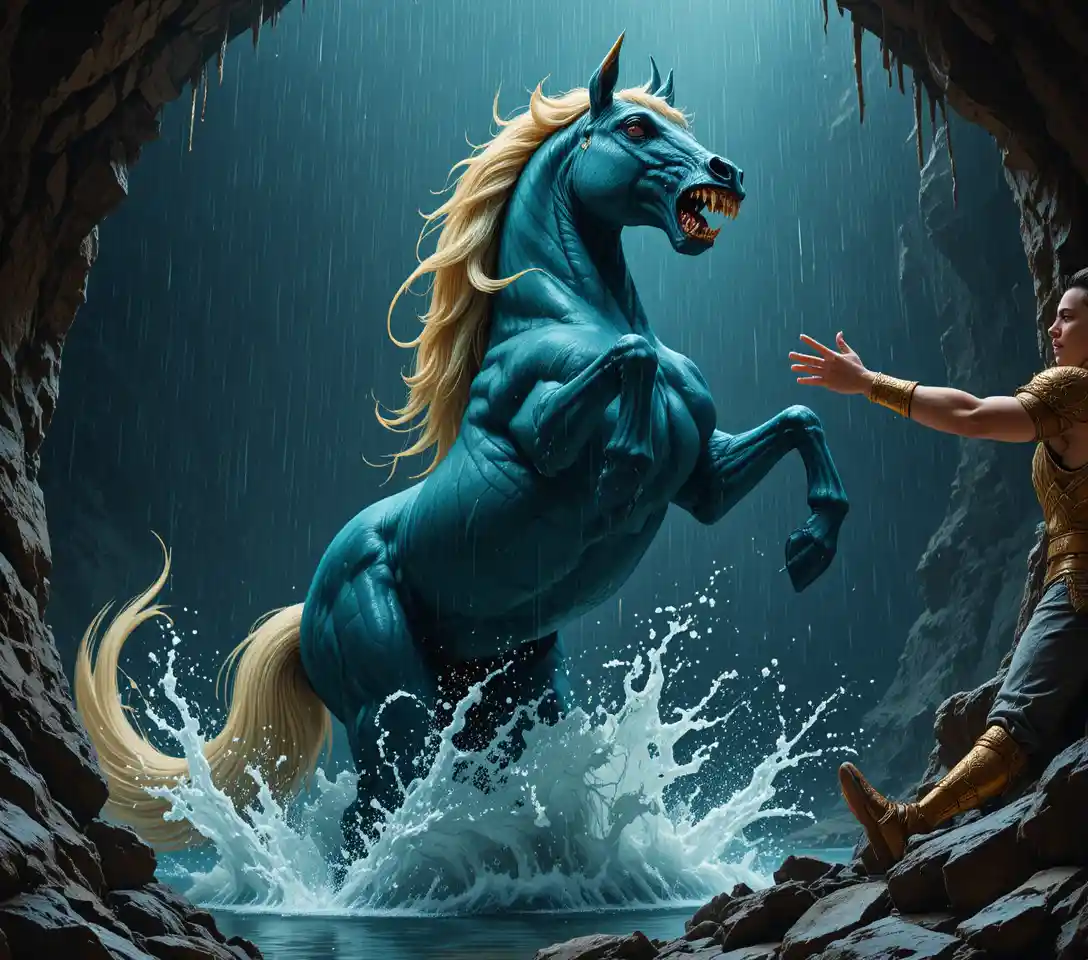 Demonic teal warhorse rearing in a stormy cavern