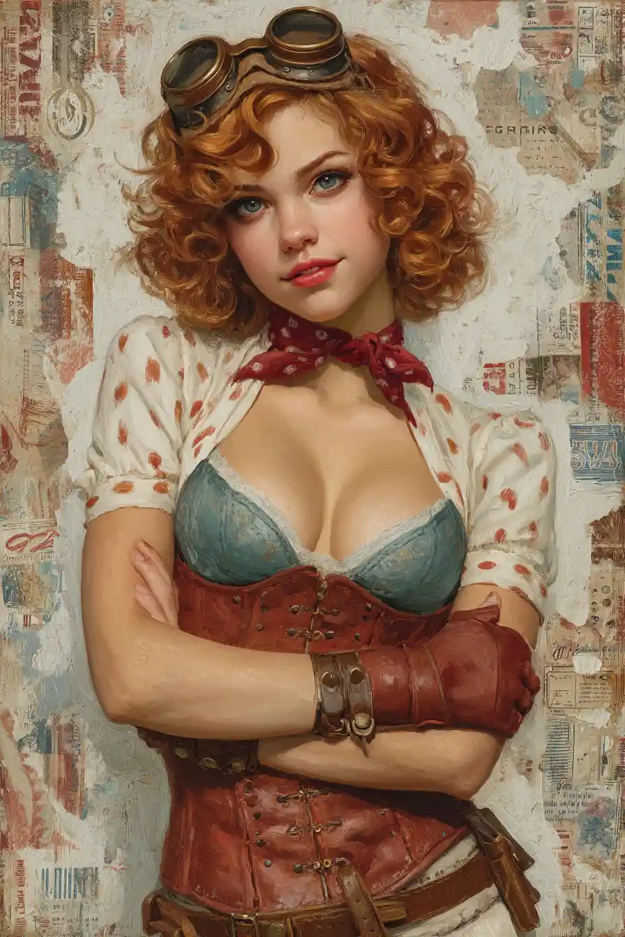 Steampunk woman portrait with goggles and copper curls