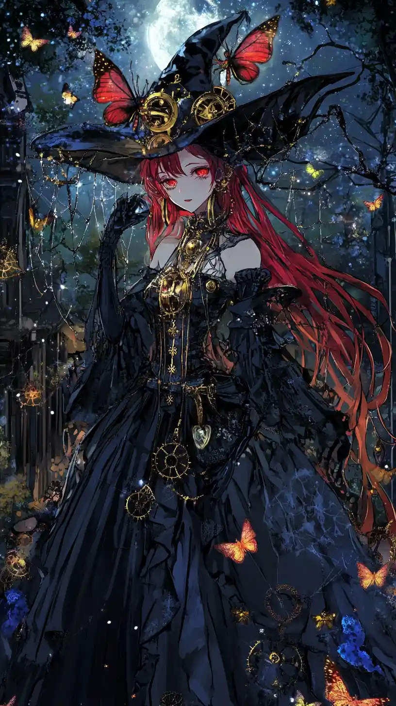 Red haired witch girl at a Japanese temple at night