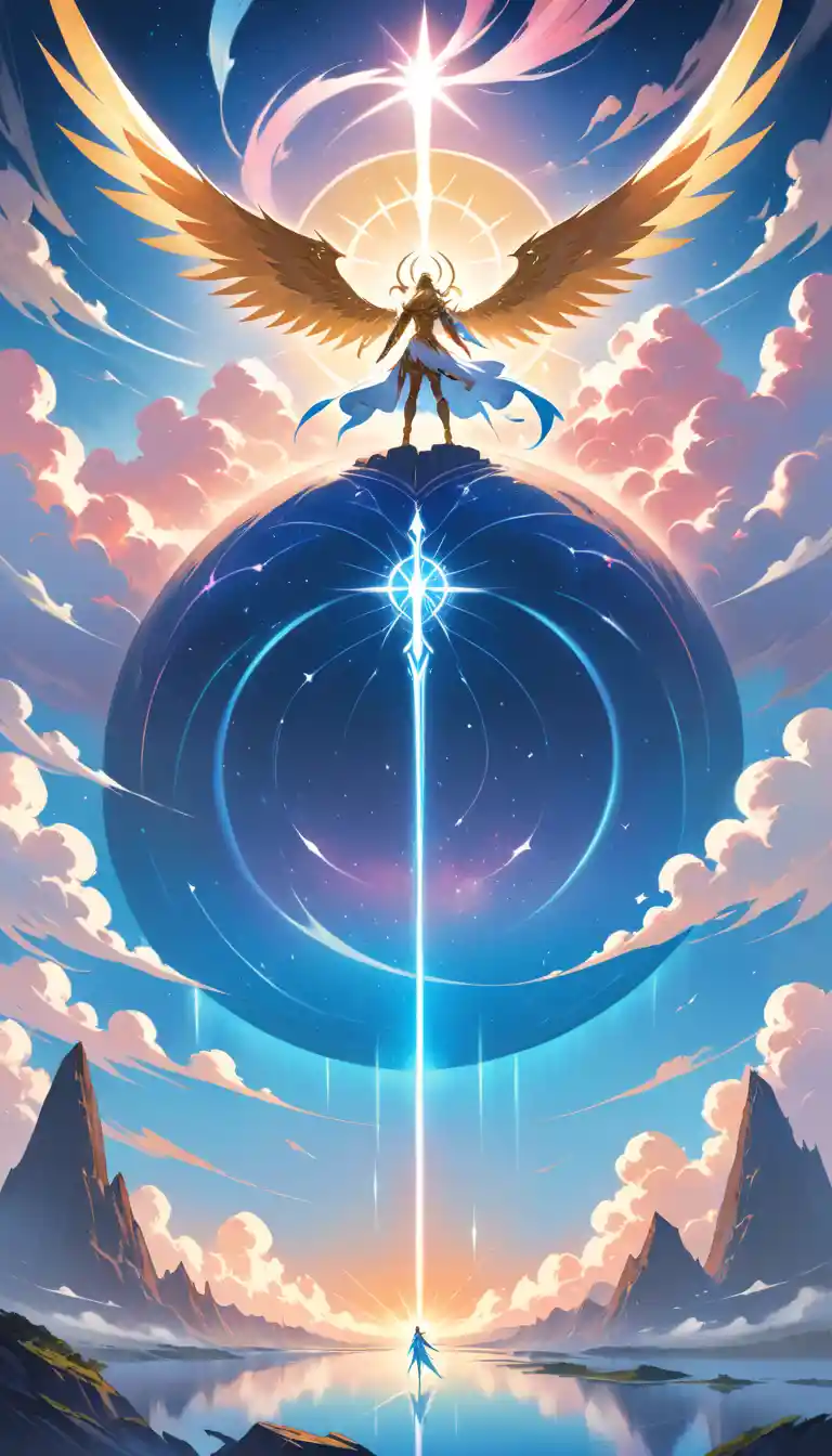 Celestial warrior woman above radiant floating islands