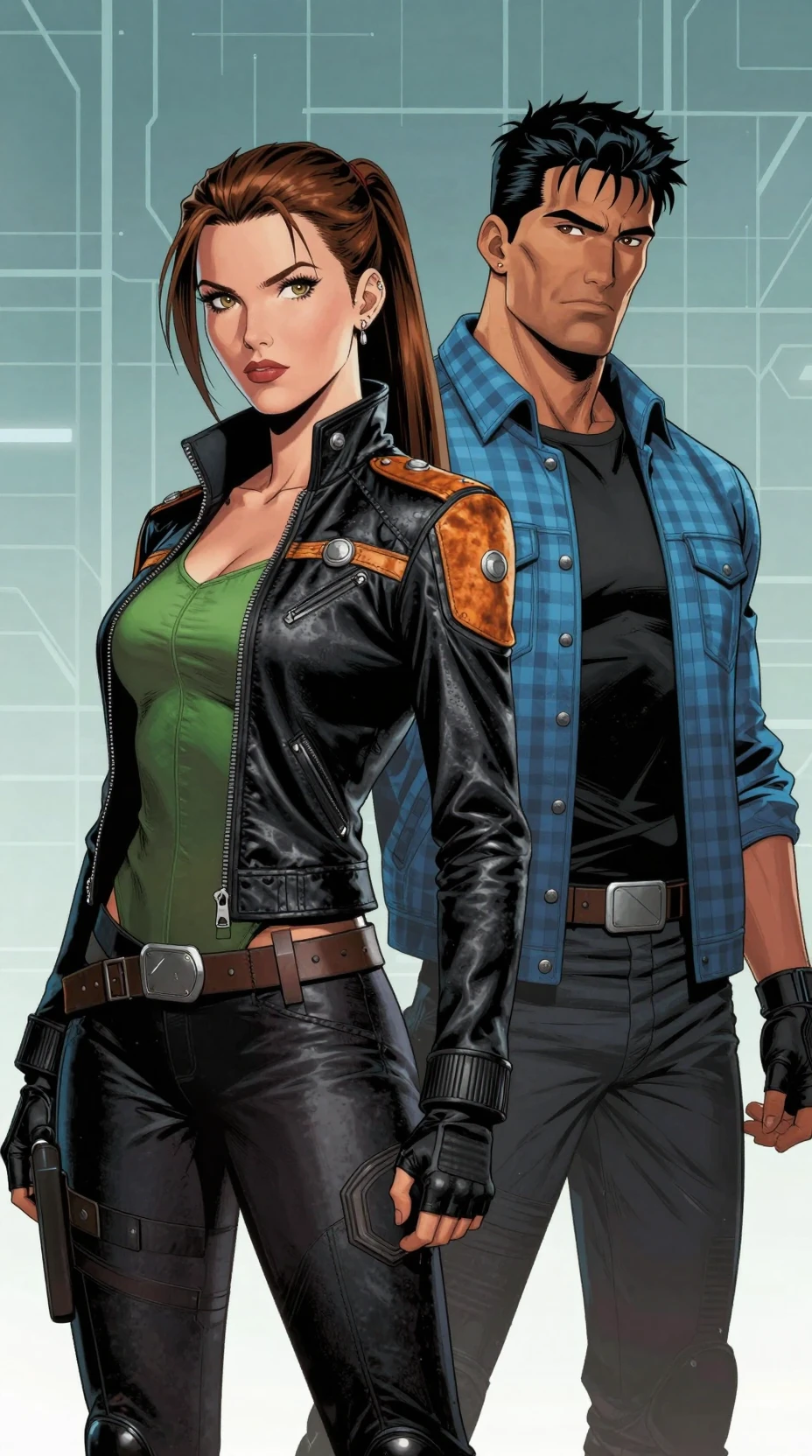 Futuristic duo in bold outfits against glowing grid backdrop