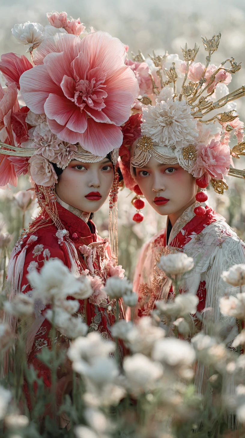 Two Asian women in ornate floral headdresses in white field