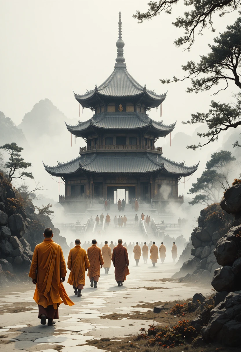 Buddhist monks walking through mist toward distant temple