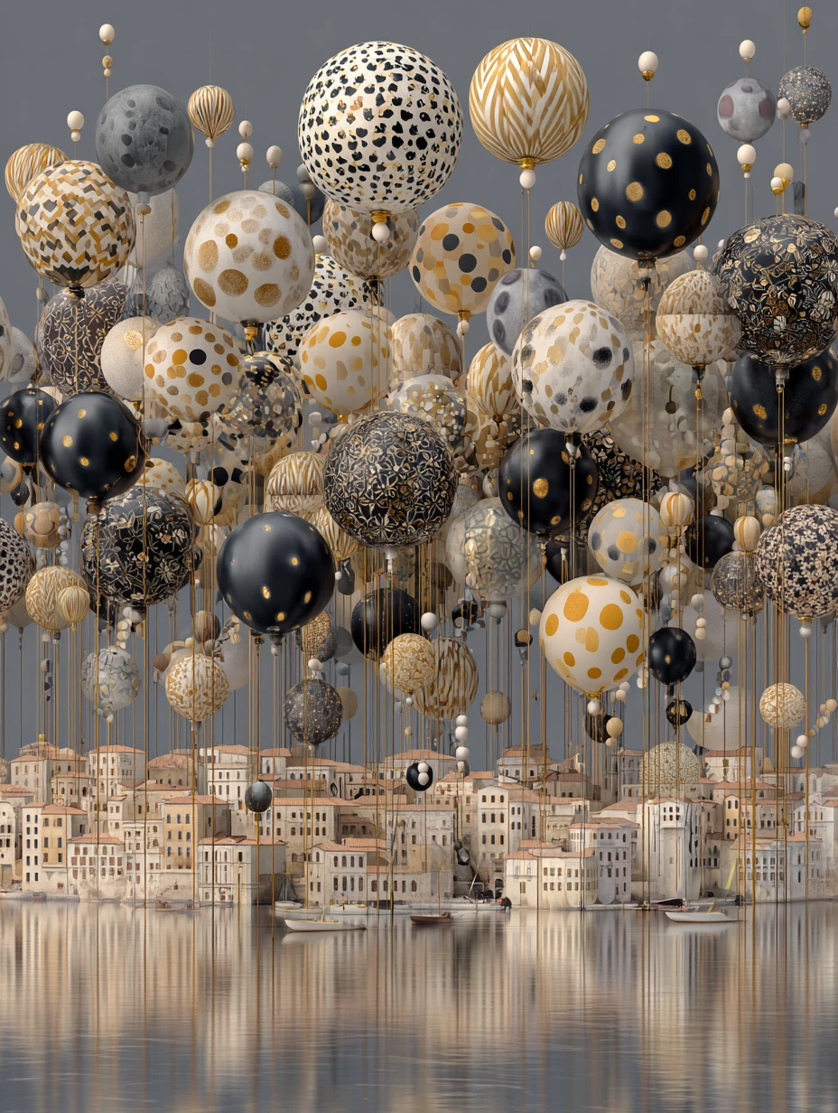 Globos Surrealistas de Tela Flotando Sobre una Ciudad Tranquila