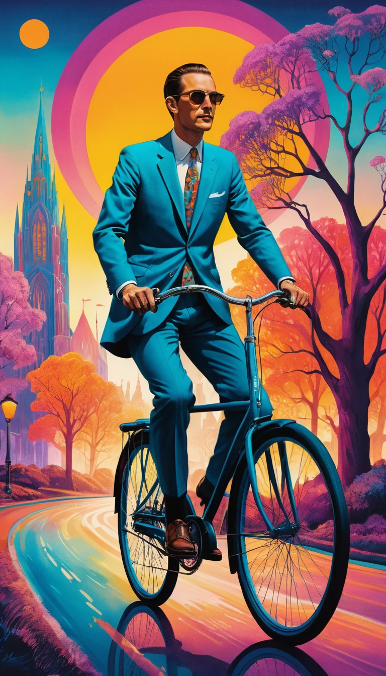 Man In A Suit Riding A Bicycle Through Surreal City