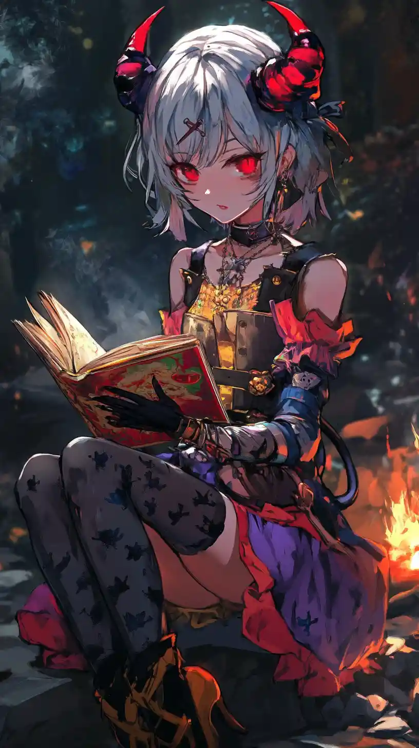 Two colored haired anime girl smiling by campfire at night