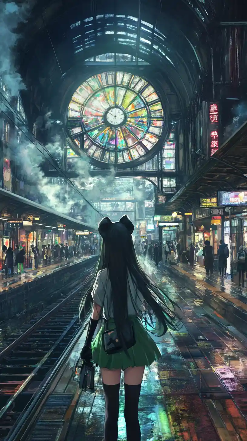 Ragazza anime in una stazione ferroviaria fantasy con vetrate colorate