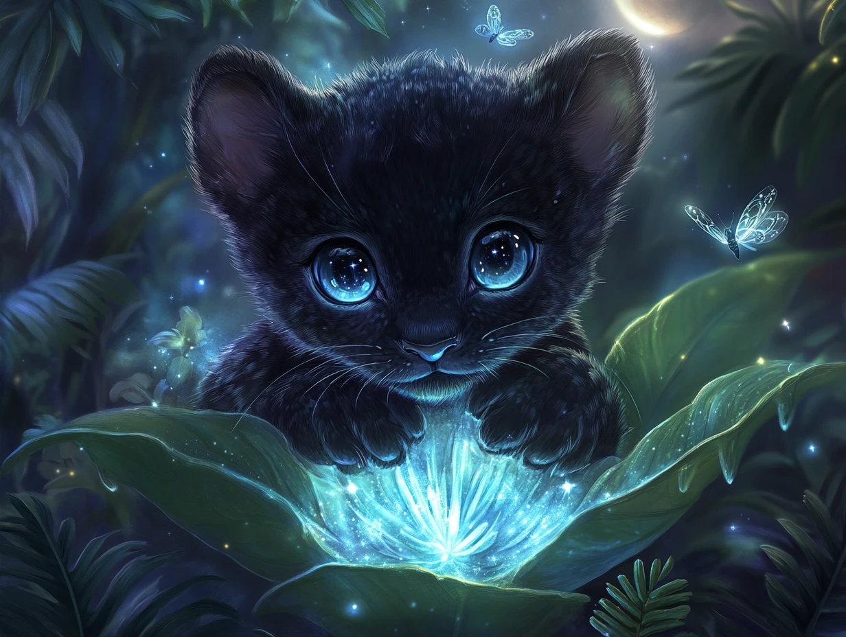 Baby panther cub in glowing enchanted flower at night