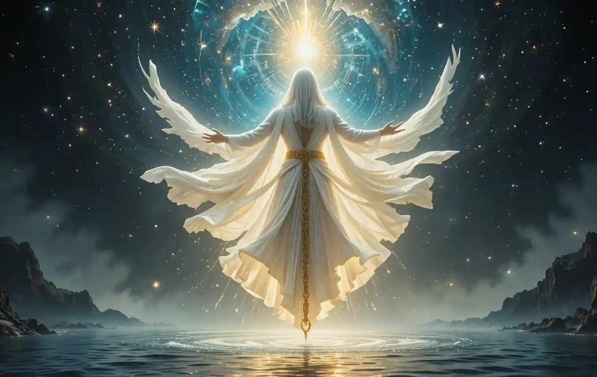 Radiant cosmic deity hovering above primordial dark waters