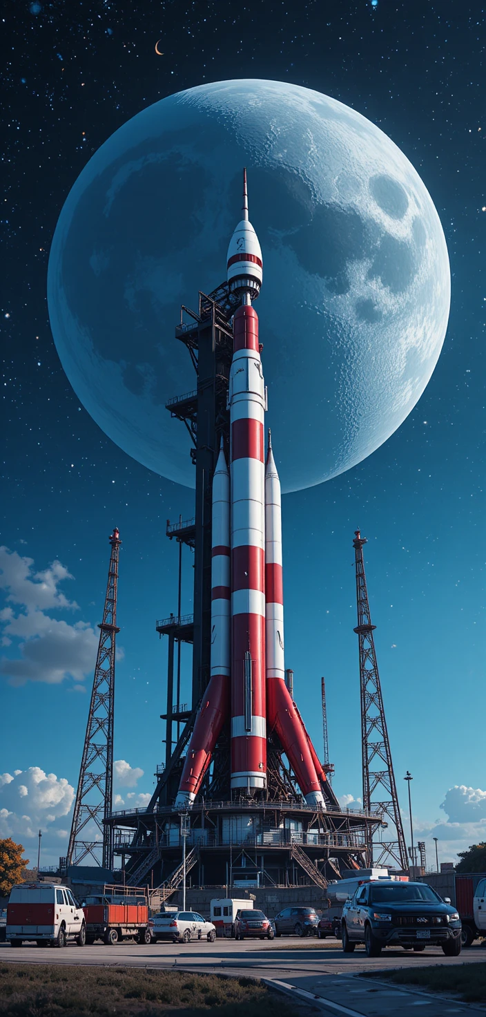 Futuristic rocket launchpad beneath a vast starry sky