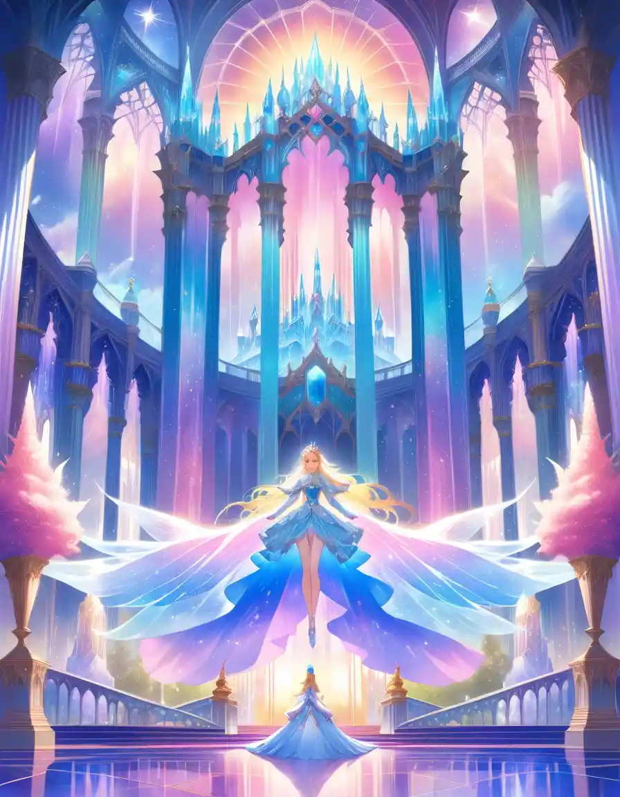 Anime prince in a glowing crystal fantasy palace