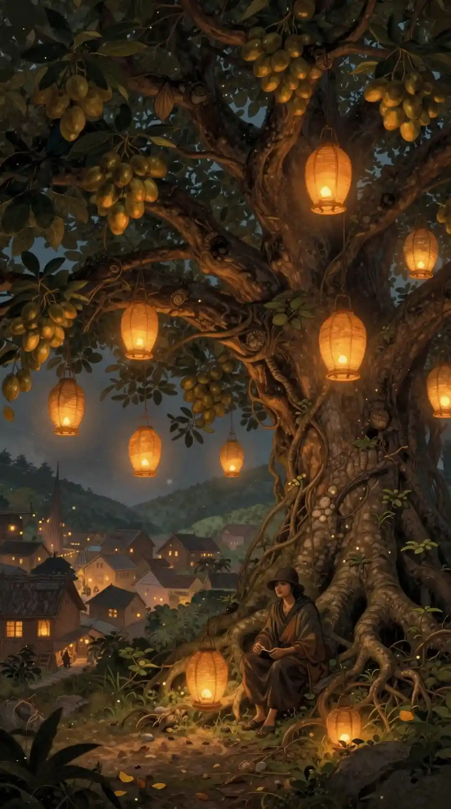 Storyteller beneath a glowing lantern fruit tree