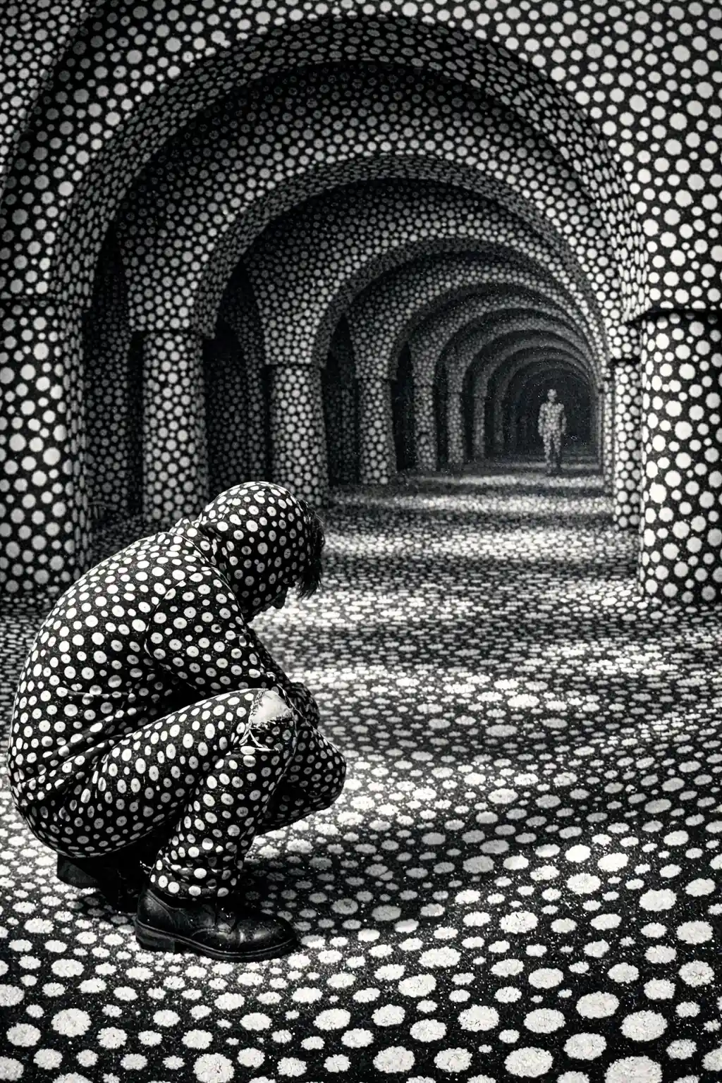 Crouching figure in surreal black and white dotted arches