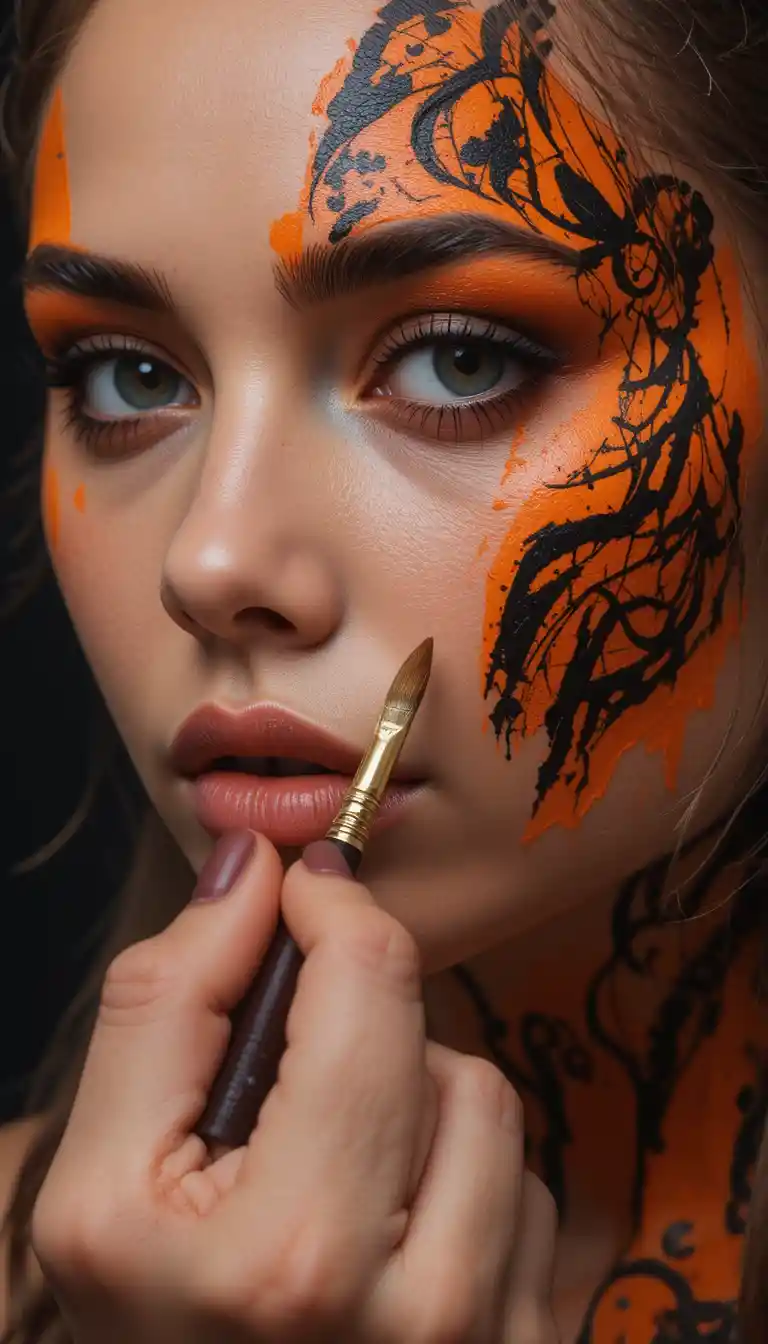 Close up of woman with orange and black face paint