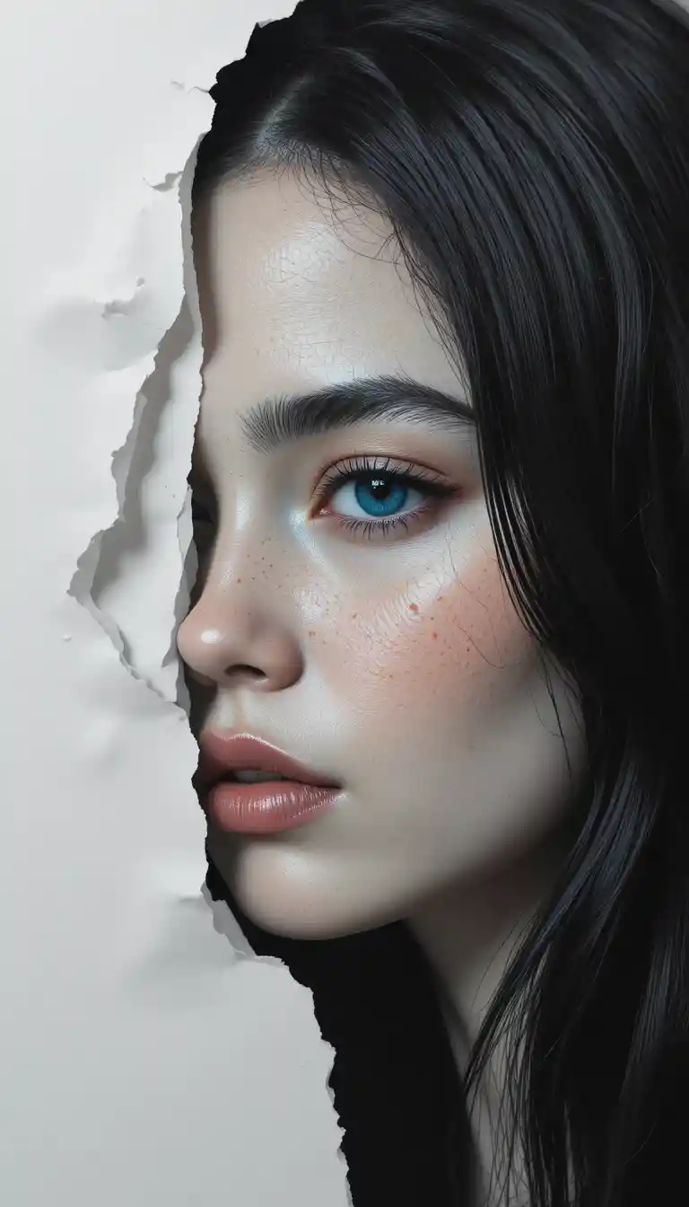 Mixed media portrait of a young woman split by torn paper