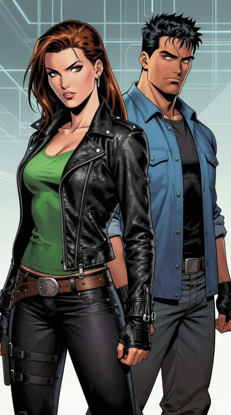 Confident duo in edgy outfits against futuristic grid backdrop