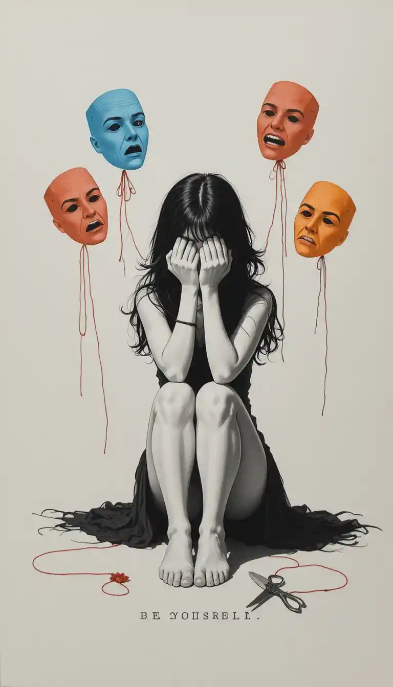 Illustrazione di ragazza con maschere emotive collegate da fili rossi