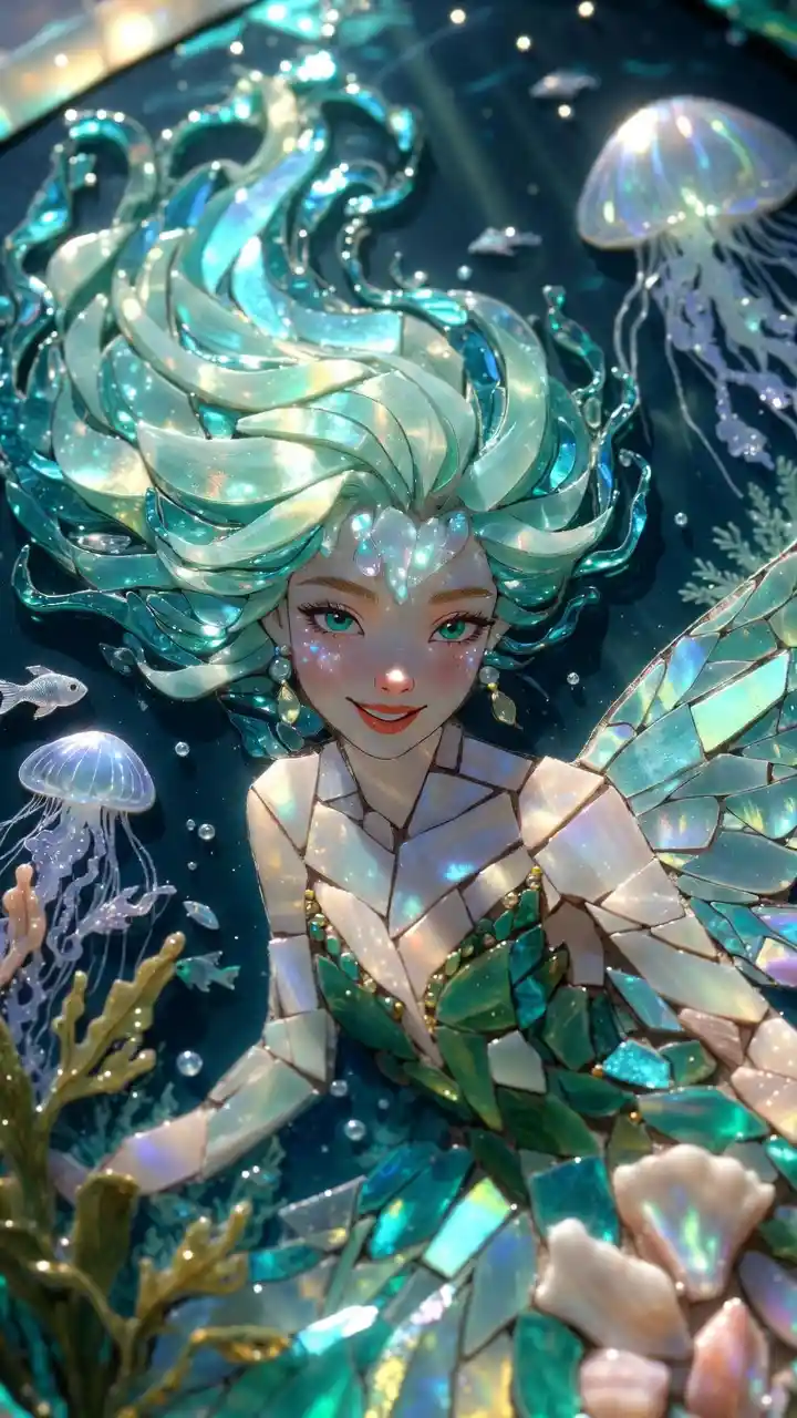 Smiling water fairy portrait in glowing underwater mosaic