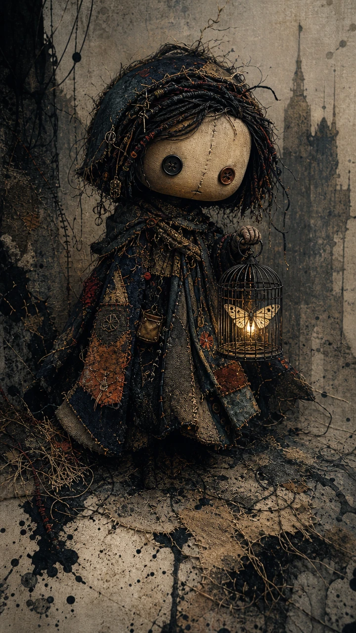 Stitched doll in patchwork cloak holding glowing caged moth