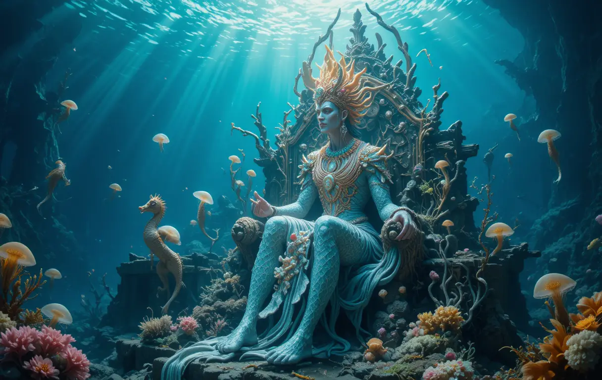 Majestic sea deity on a throne of sunken ships