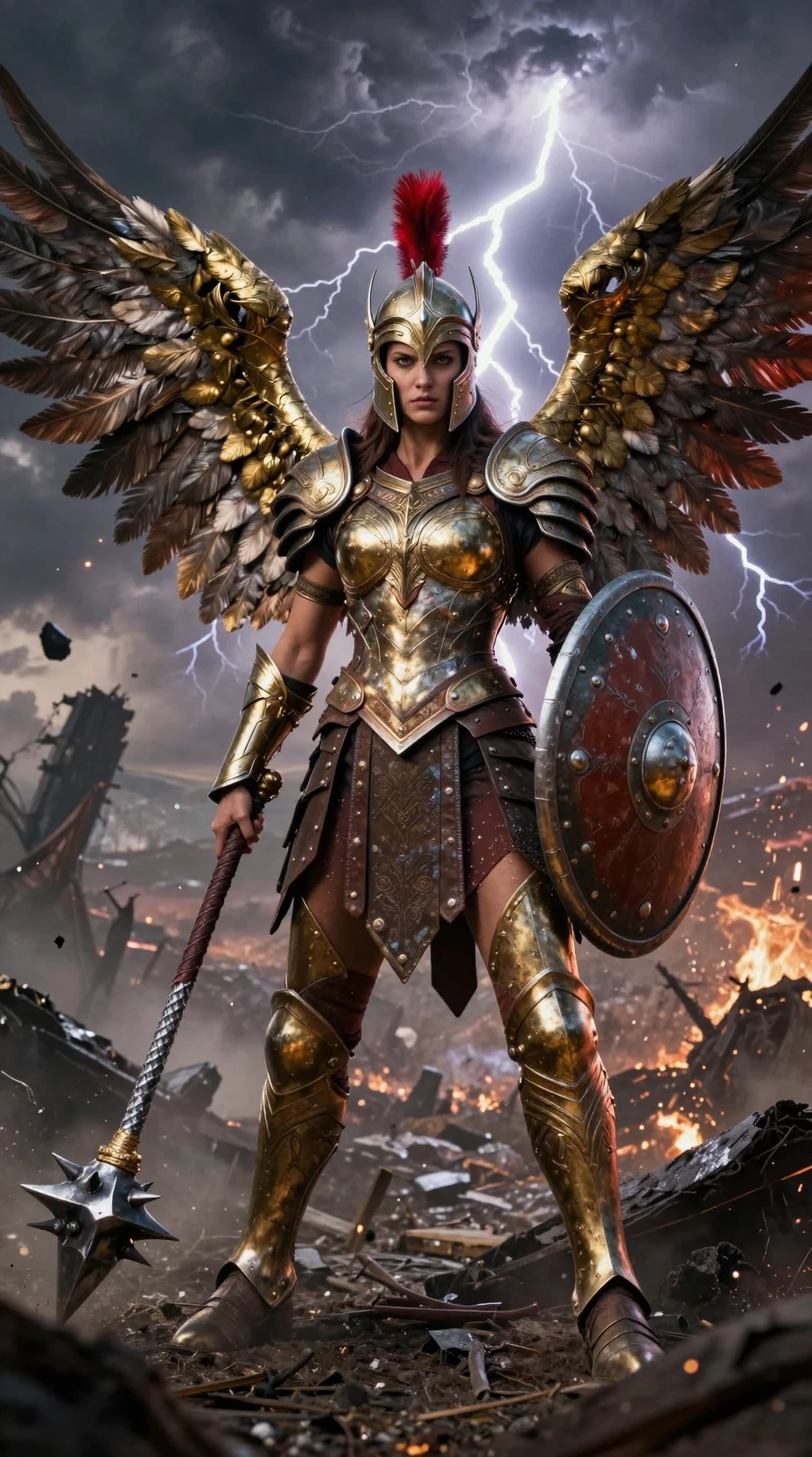 Valkyrie warrior standing amid a stormy apocalyptic battlefield