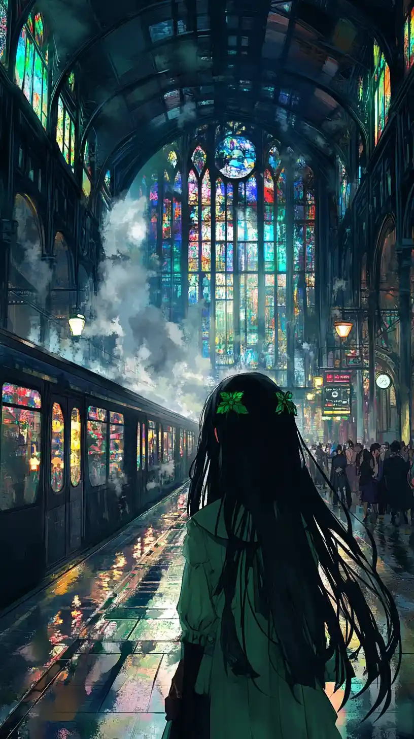 Anime girl at a fantasy train station with stained glass