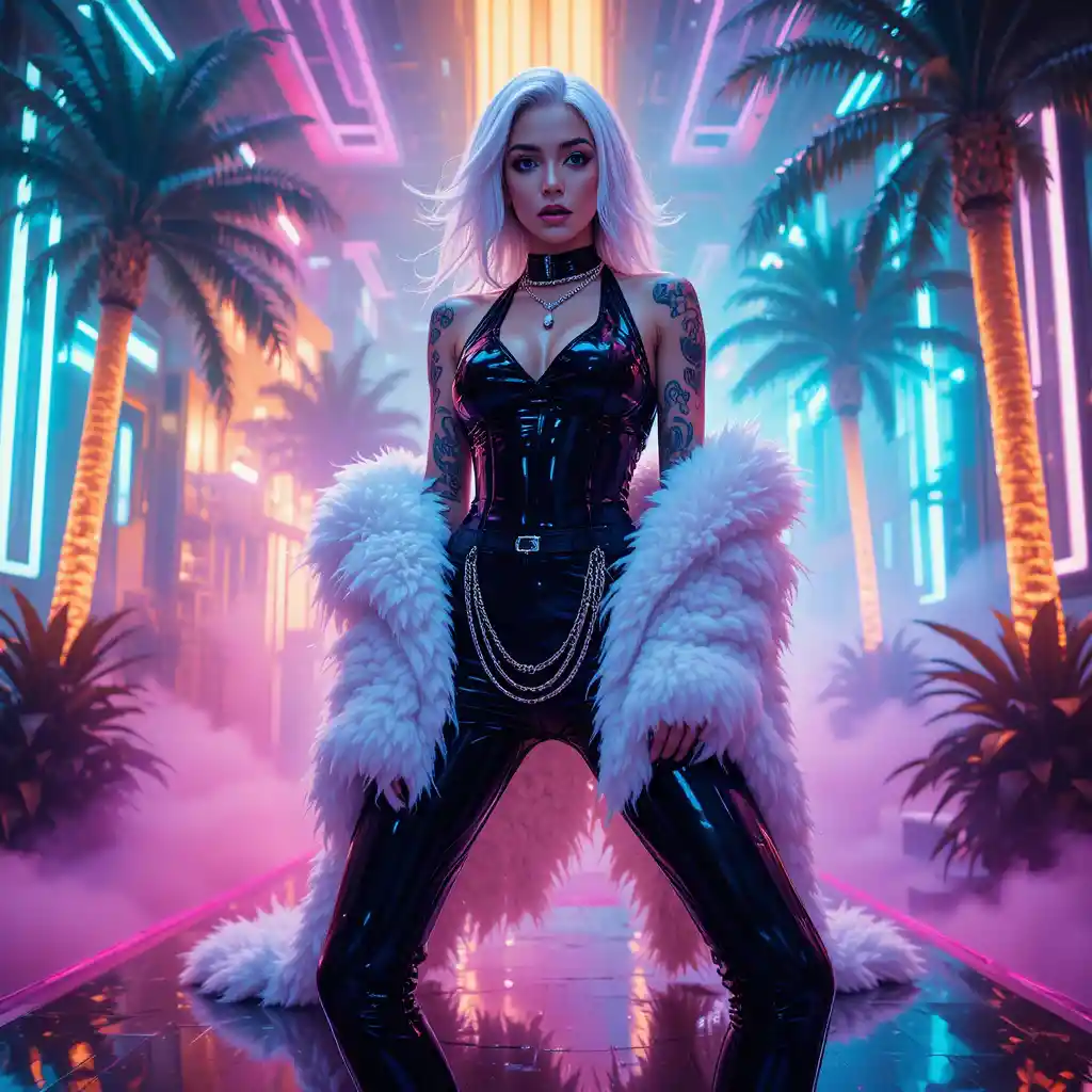 Neon fashion woman posing in futuristic tropical studio
