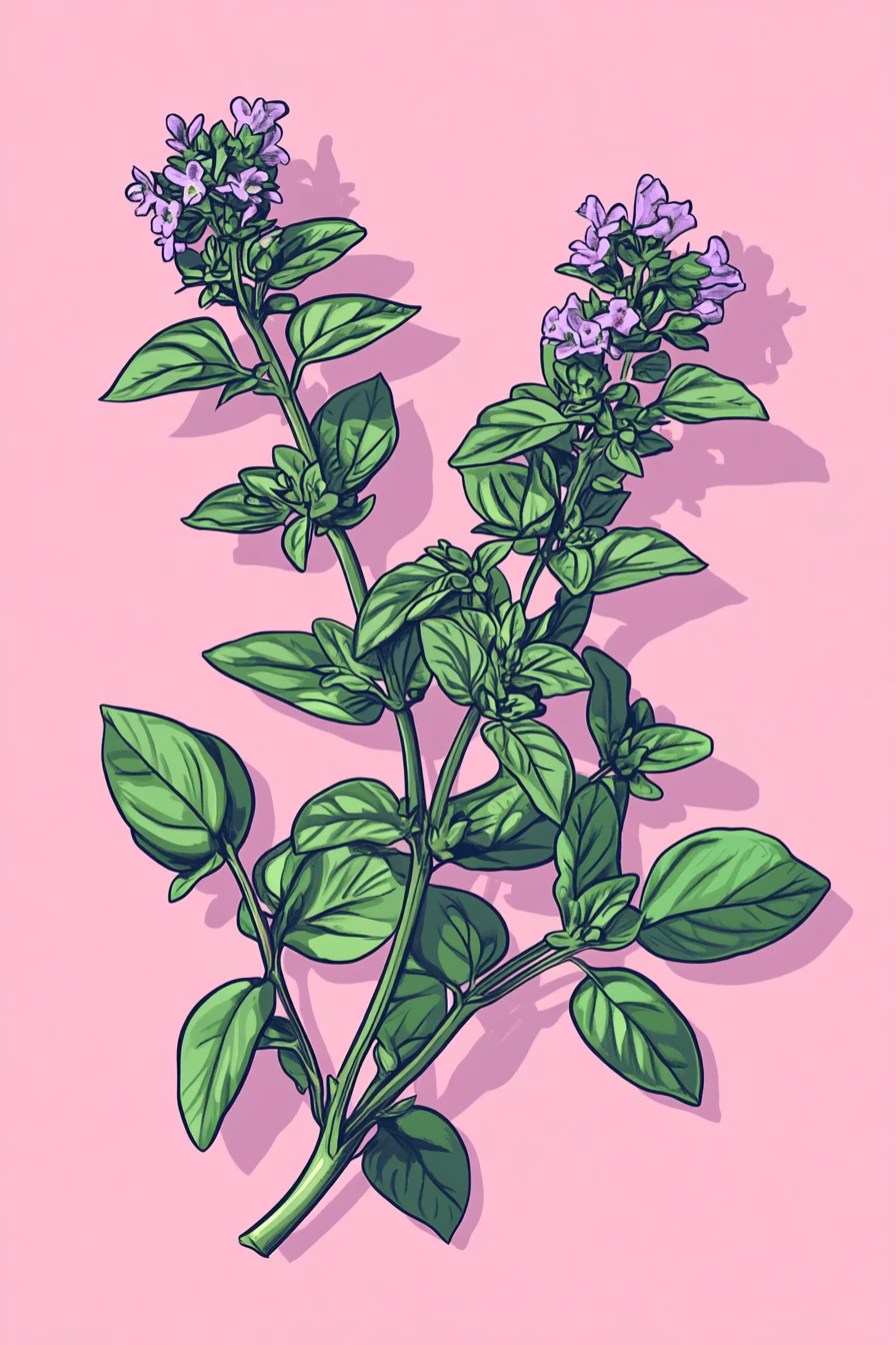 Botanical illustration of oregano in neon pastel kawaii colors