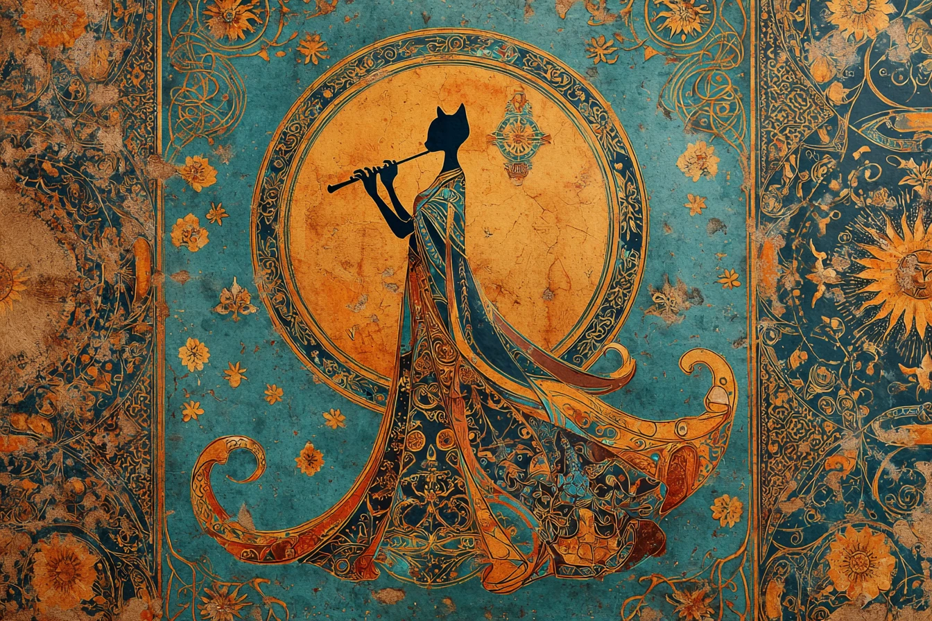 Medieval style cat musician within ornate circular medallion