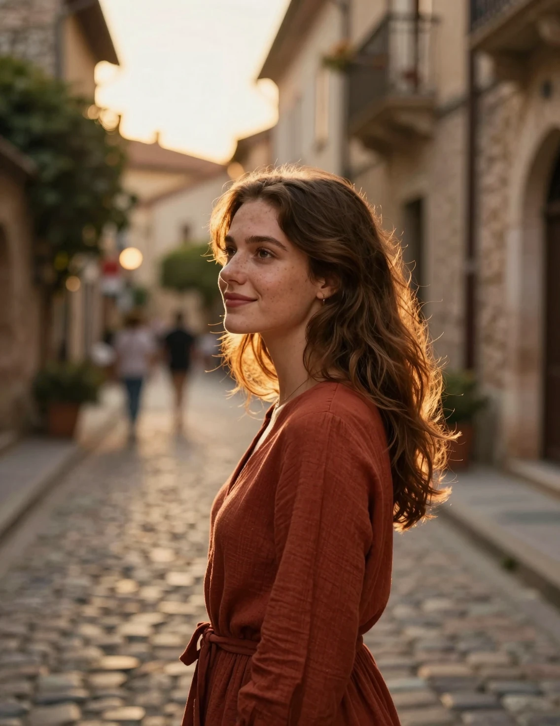 Young woman in golden hour light on cobblestone alley