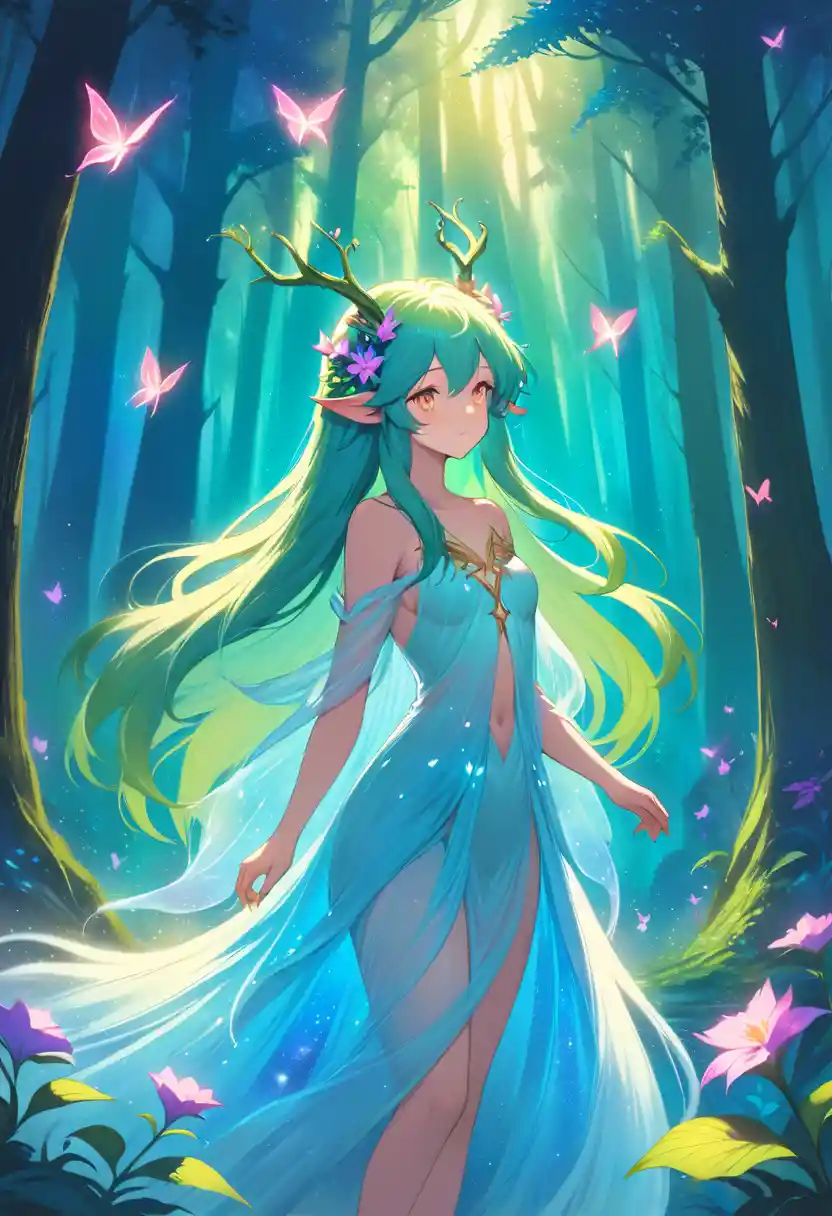 Anime forest spirit girl with glowing butterflies