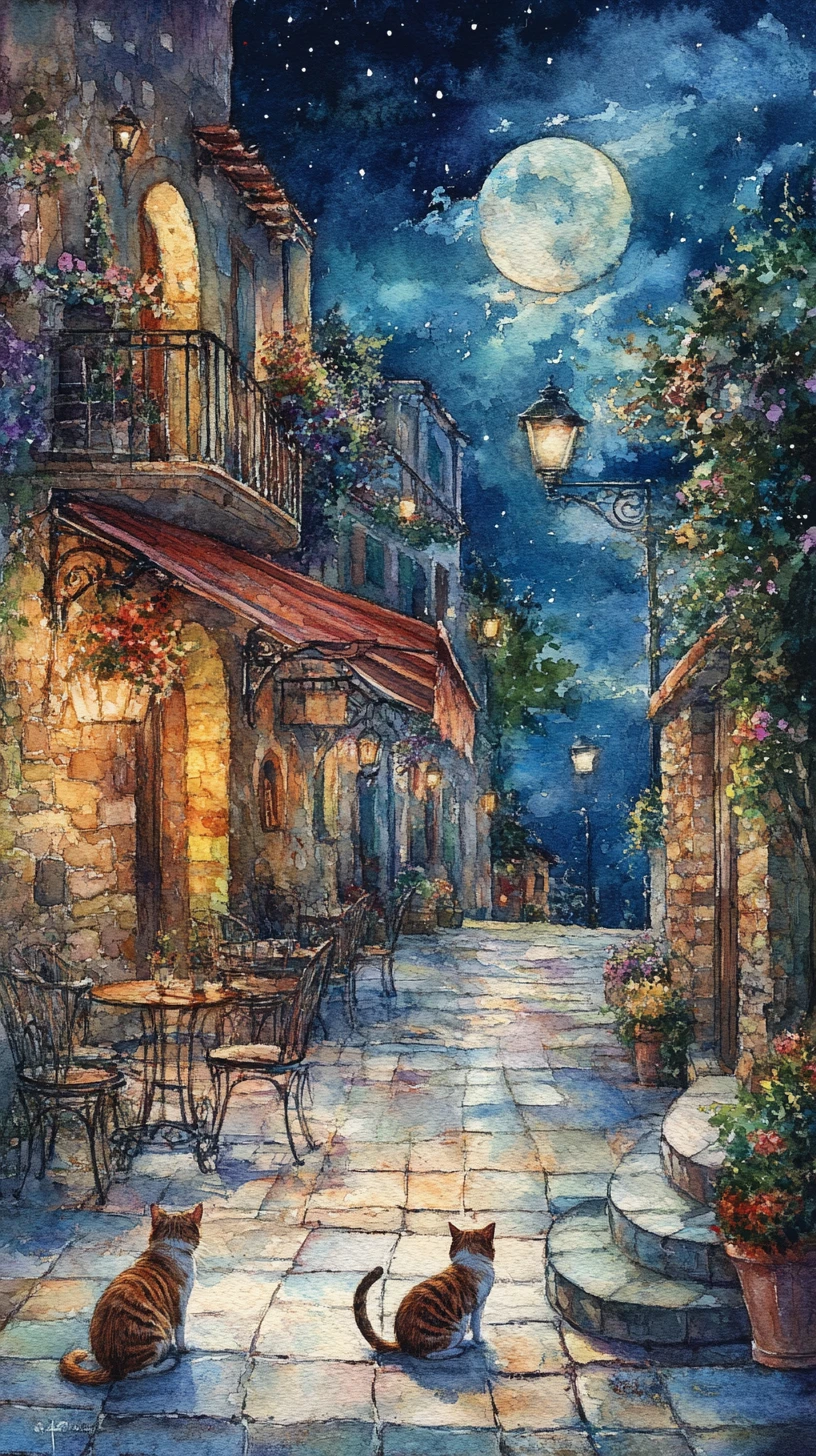 Watercolor fantasy cat on a dreamy night city street