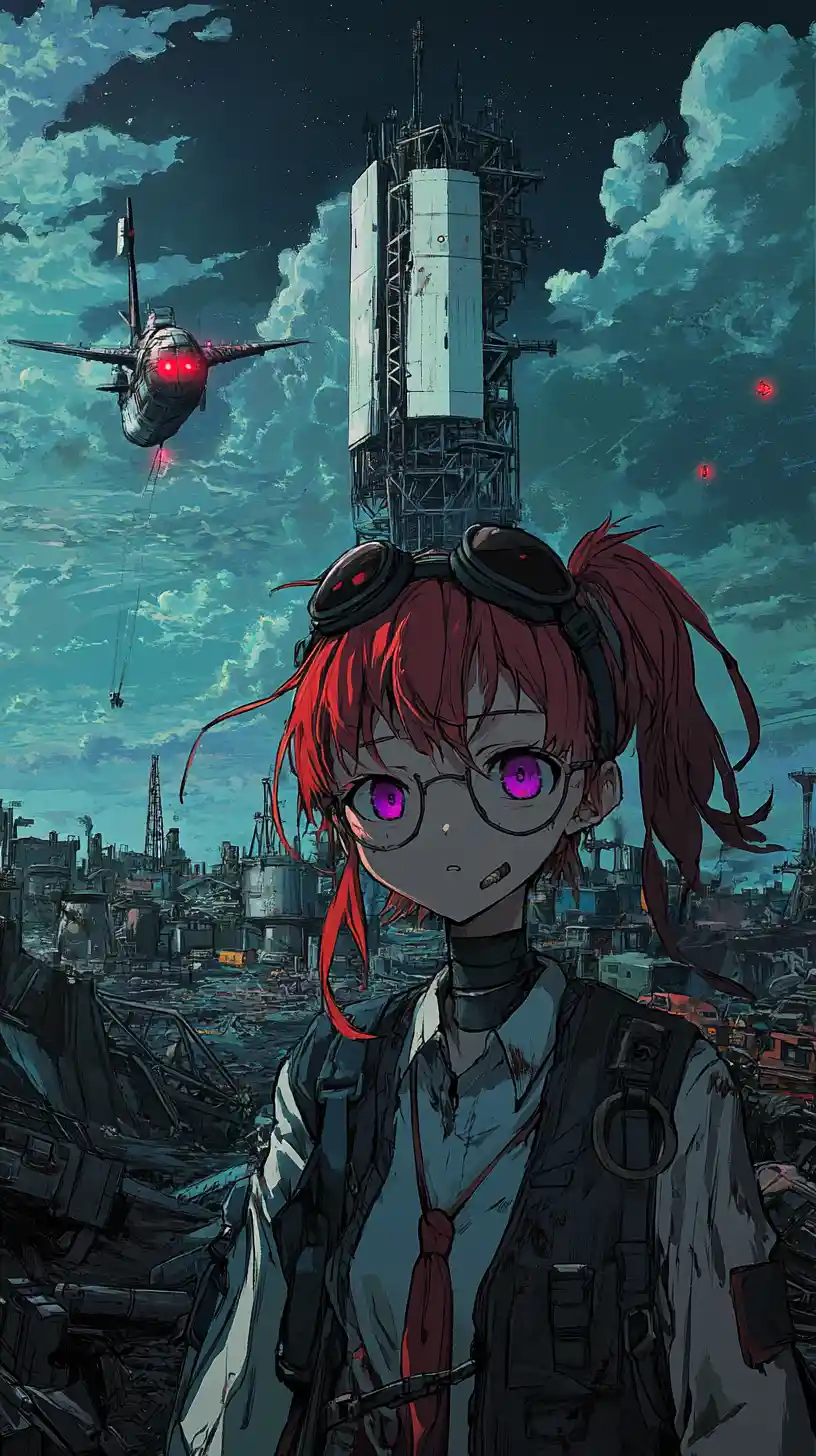 Anime girl on a modern shipwreck at night with scaffolding