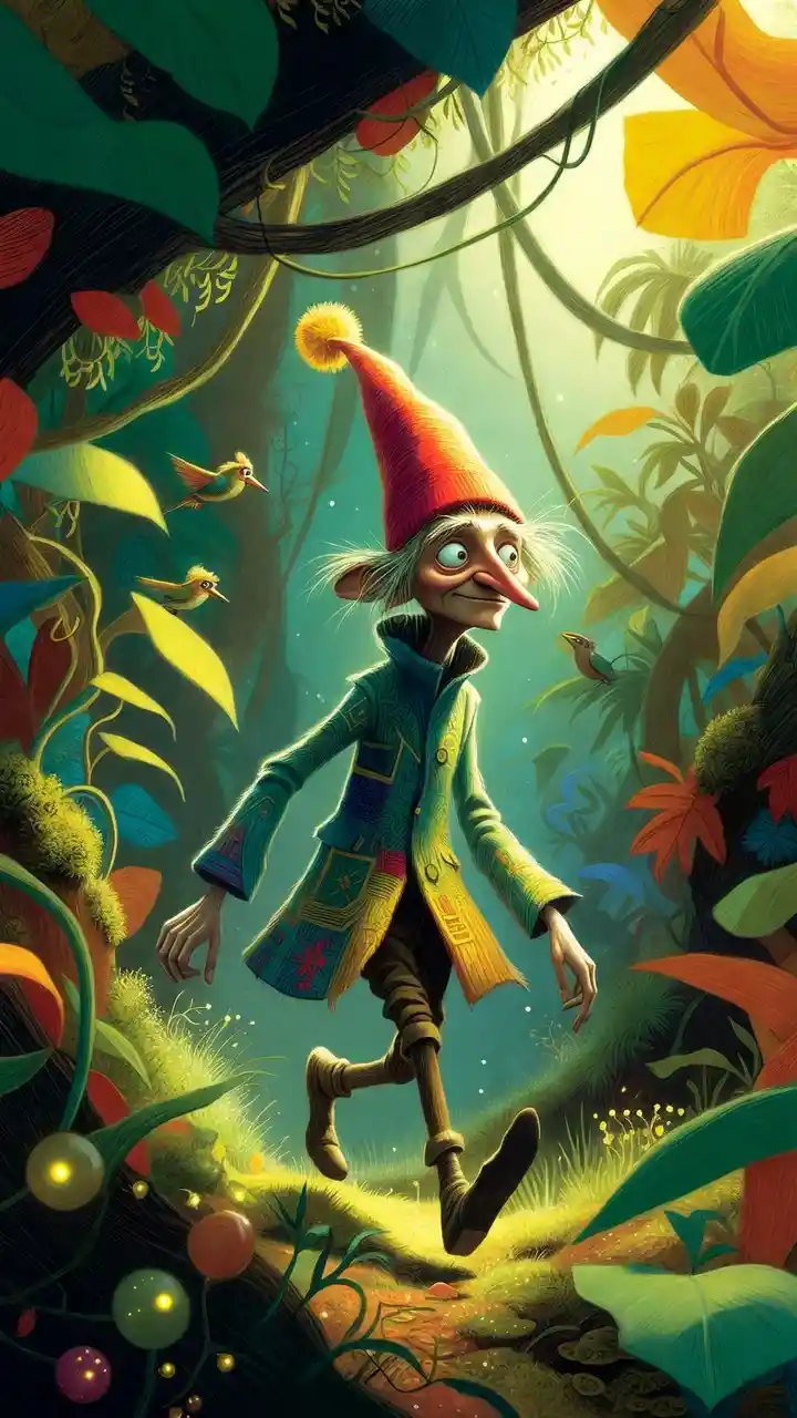 Whimsical gnome walking through a magical forest