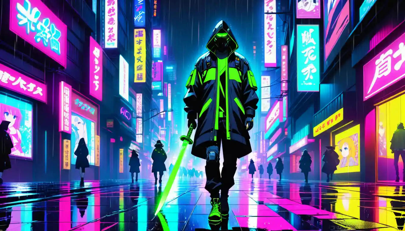 Futuristic samurai walking in neon lit rainy Tokyo street