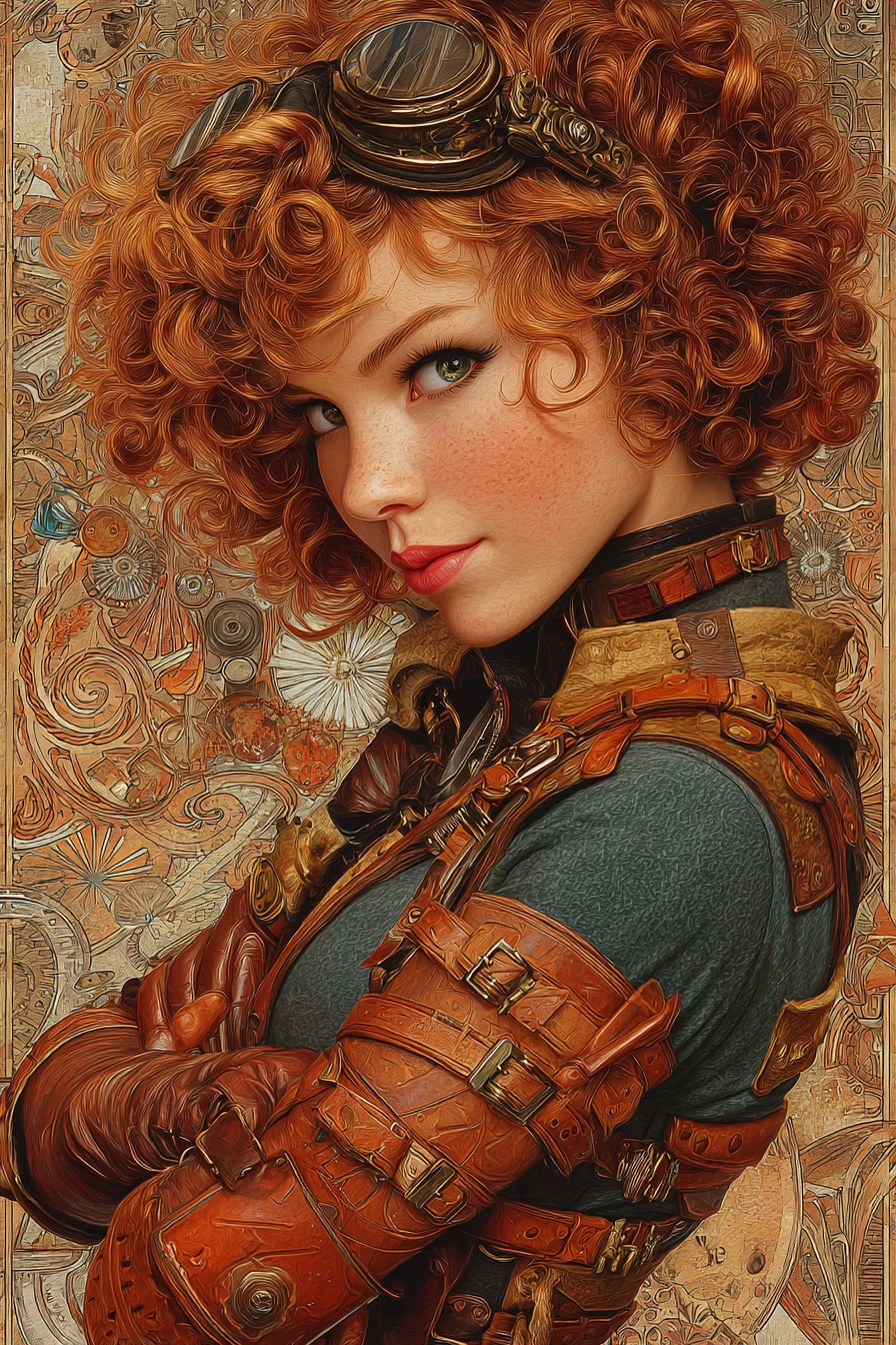 Steampunk fantasy woman portrait with copper curls and goggles