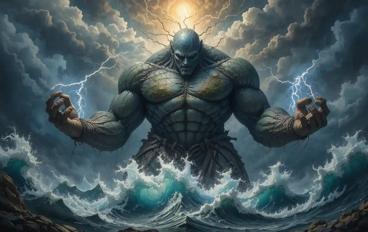 Earth spirit giant rising from a stormy ocean