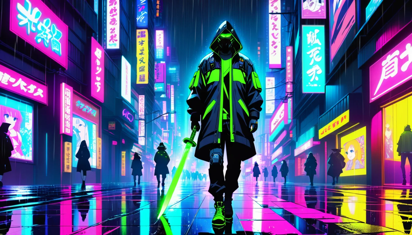 Futuristic samurai walking in neon lit rainy Tokyo street