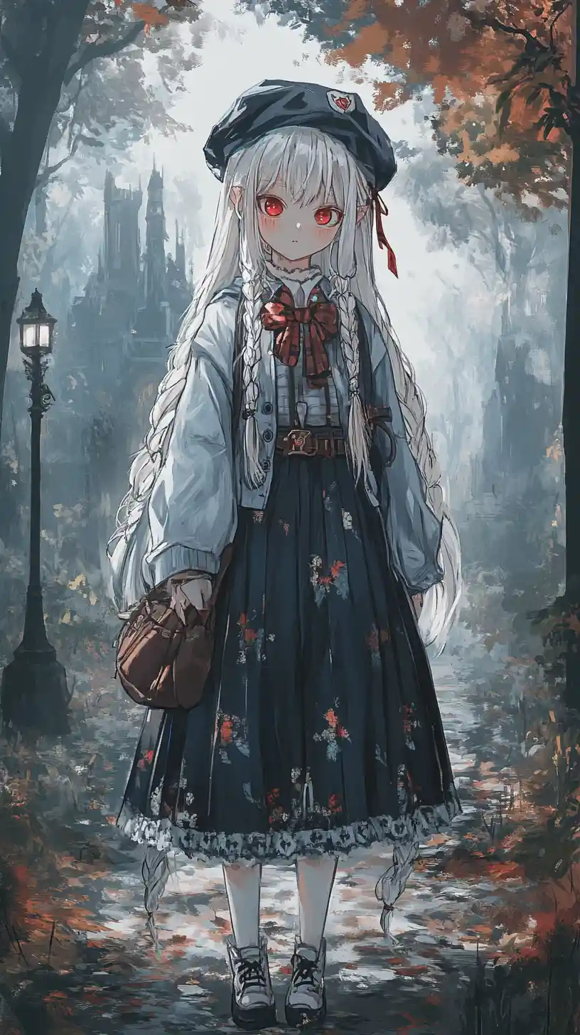 Anime girl in long coat walking through misty forest