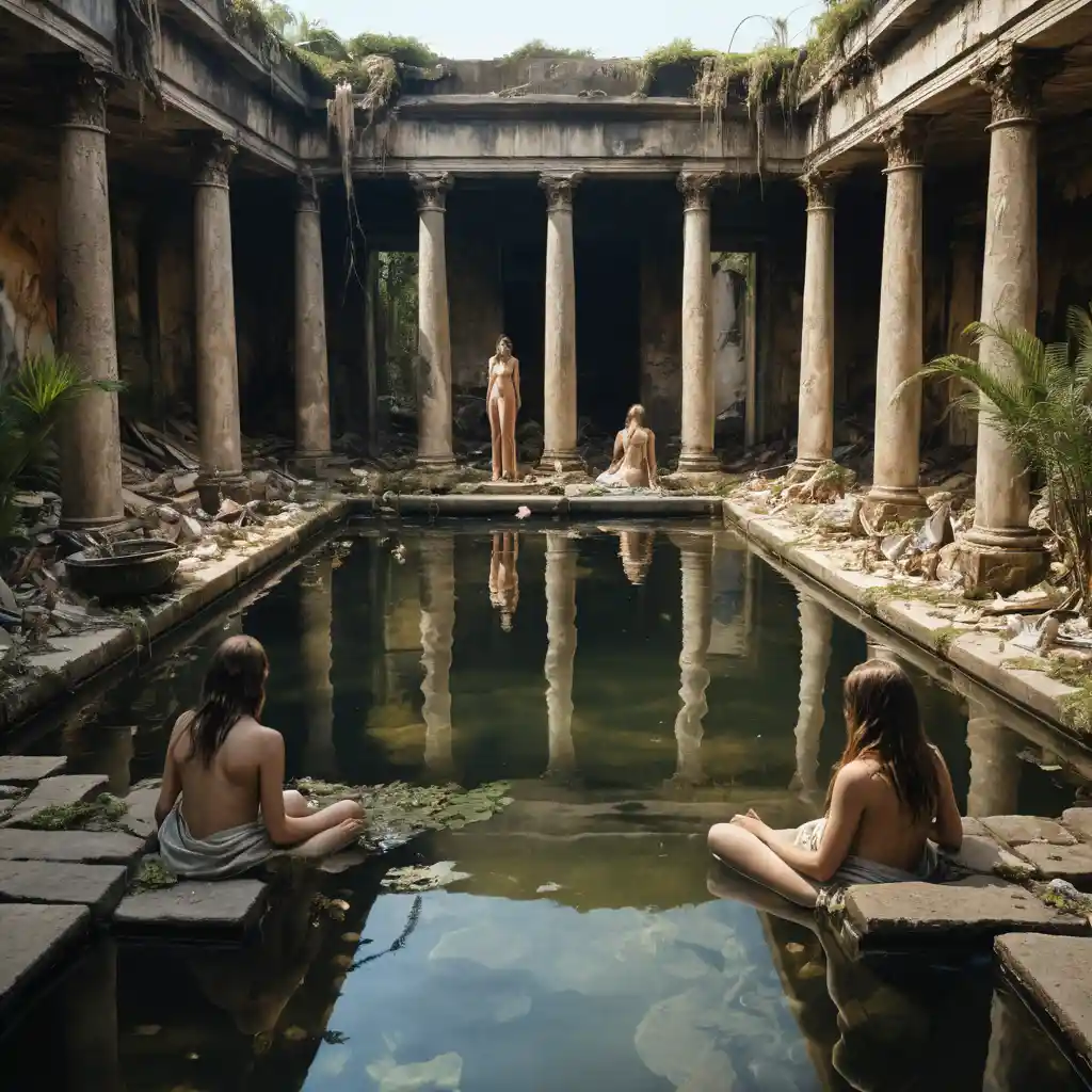 Fine art painting of women bathing in ancient oasis pool