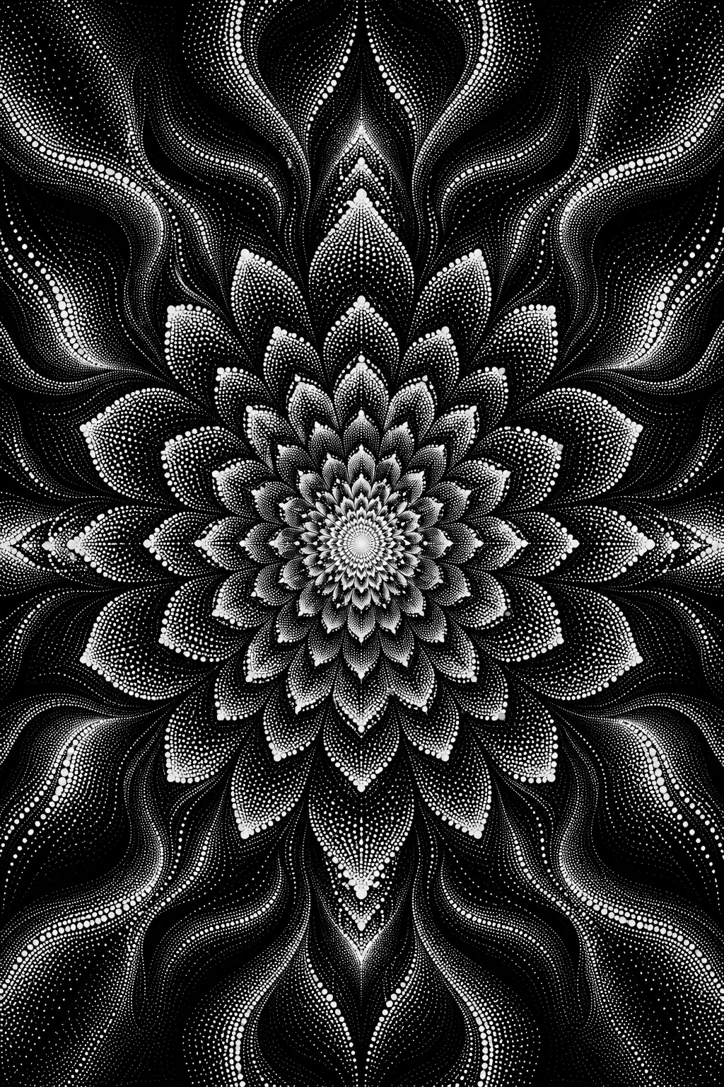 Hypnotic Black And White Radial Mandala Dot Illustration