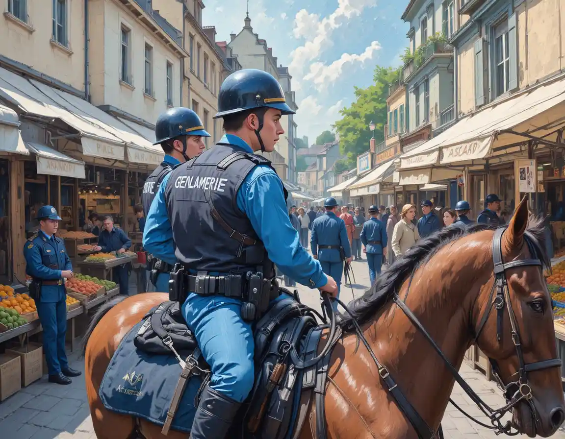 Mounted gendarmerie officers patrolling a busy outdoor market