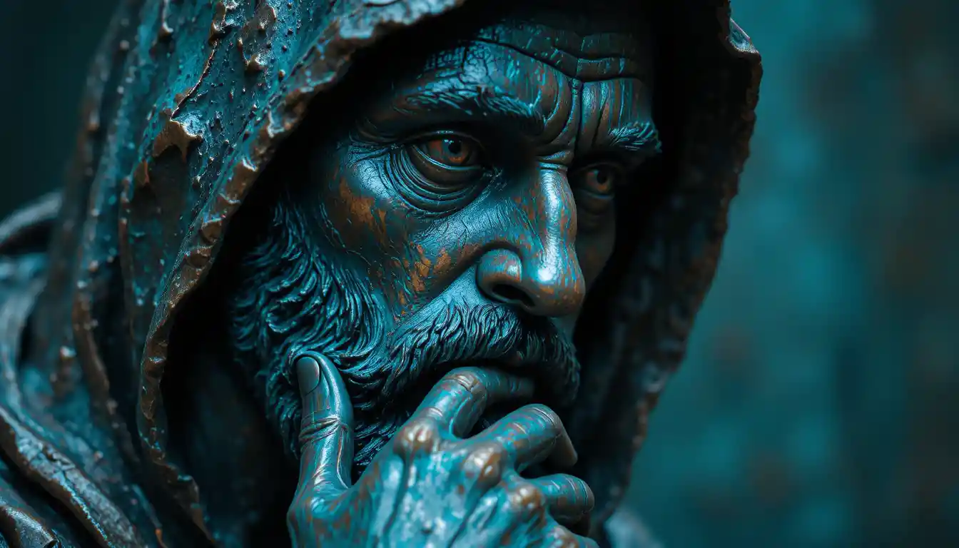 Hooded bronze statue portrait of a contemplative bearded man