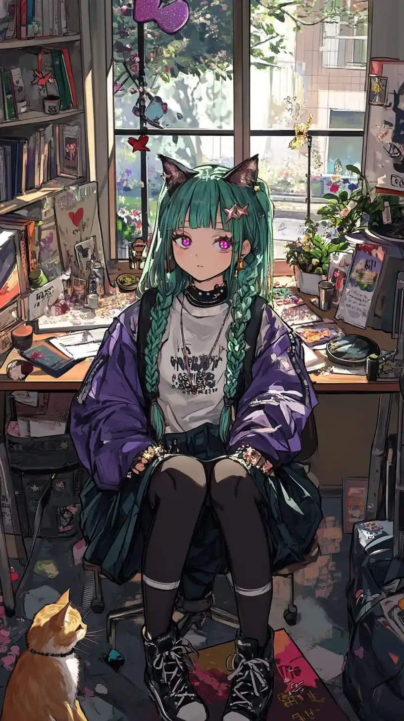 Anime girl in a cozy study room with garden view