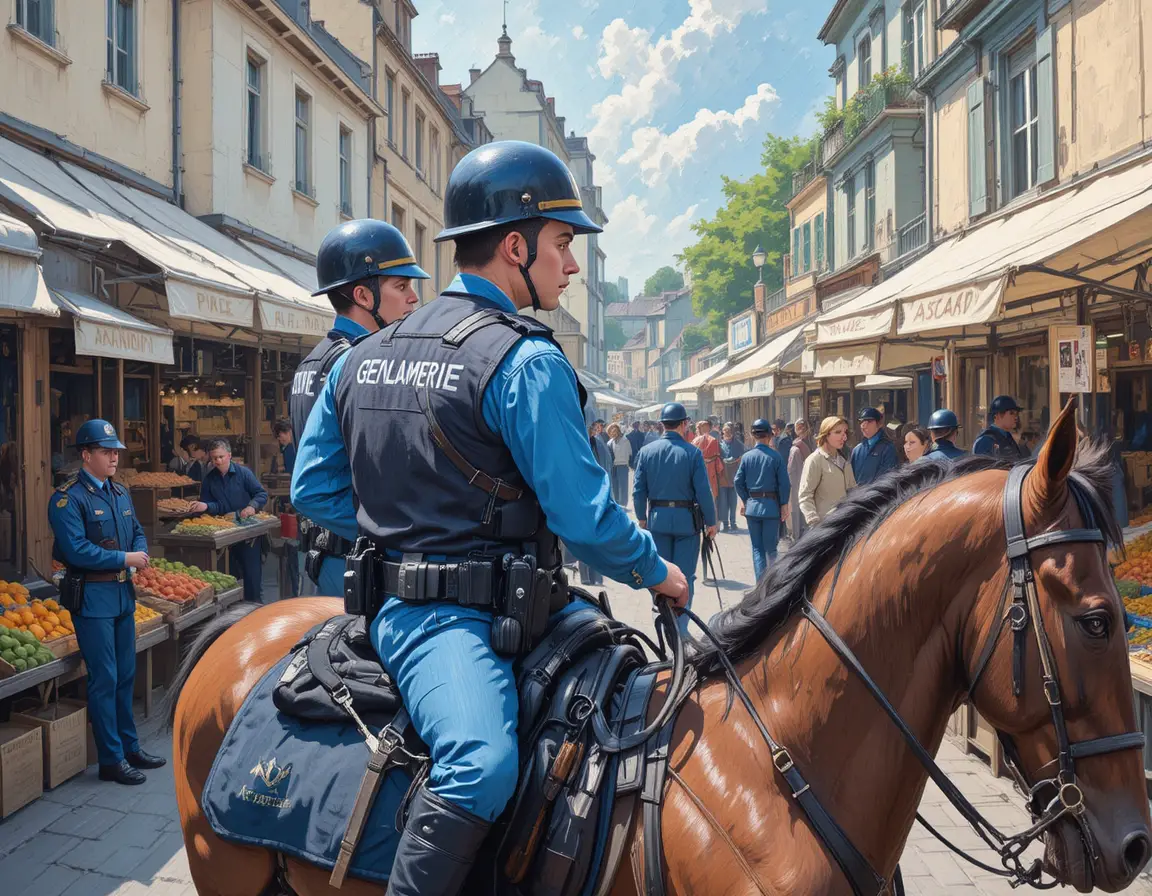 Berittene Gendarmen patrouillieren über einen belebten Wochenmarkt
